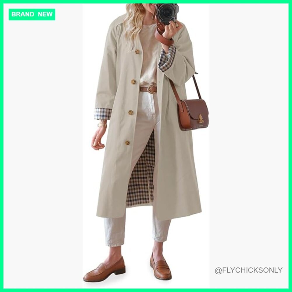 Long Trench Coat Single Breasted Oversized Windproof Overcoat 100% Polyester
